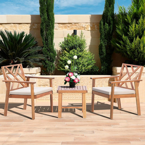 3 Piece Outdoor Patio Furniture Set, Wooden Conversation Patio Set with Padded Cushion Chairs and Coffee Table