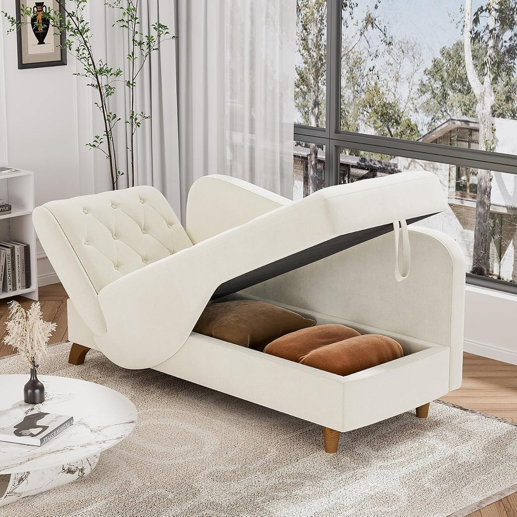 Indoor Velvet Chaise Lounge Chair with Storage , Beige White | Reading chair chaise sleeper sofa bed with pillow, 3
