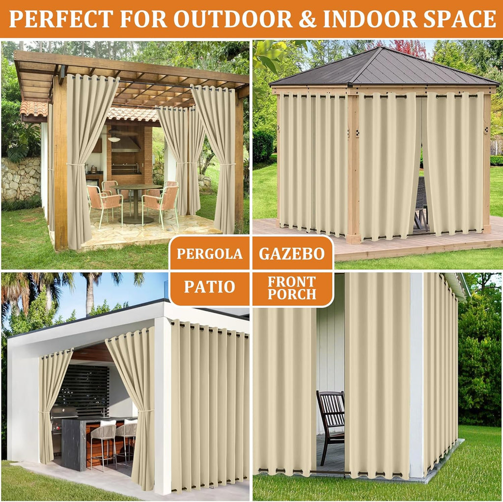 Outdoor Curtains Waterproof 2 Panels Blackout Curtains 84 inch Long with Zipper Top & Bottom Grommet Sun Blocking