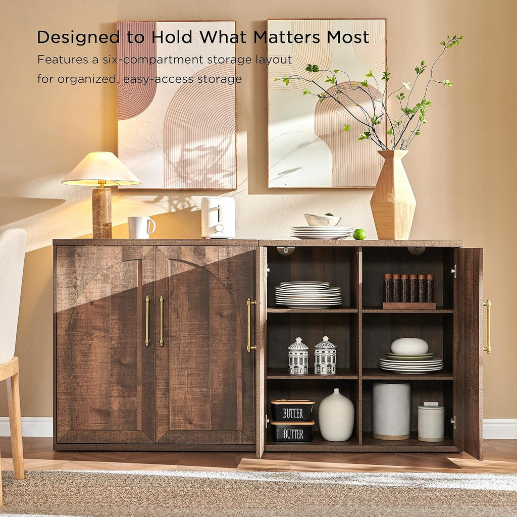 Arched Door Sideboard Buffet Cabinet Set of 2, Rustic Oak | Modular, Multi-Compartment Storage, Adjustable Shelf