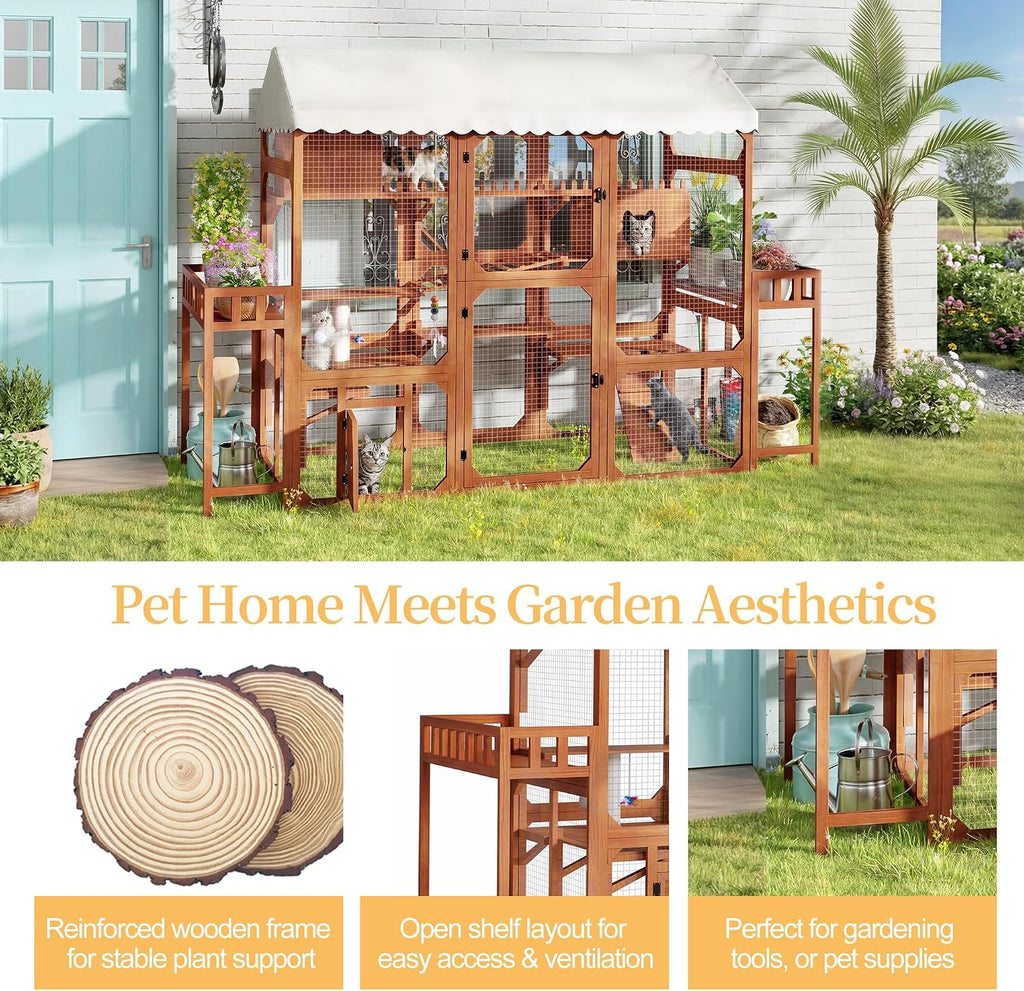Large Wooden Catio Outdoor Cat Enclosure with Stands and Roof Multi-Platform Cat House with Scratching Posts