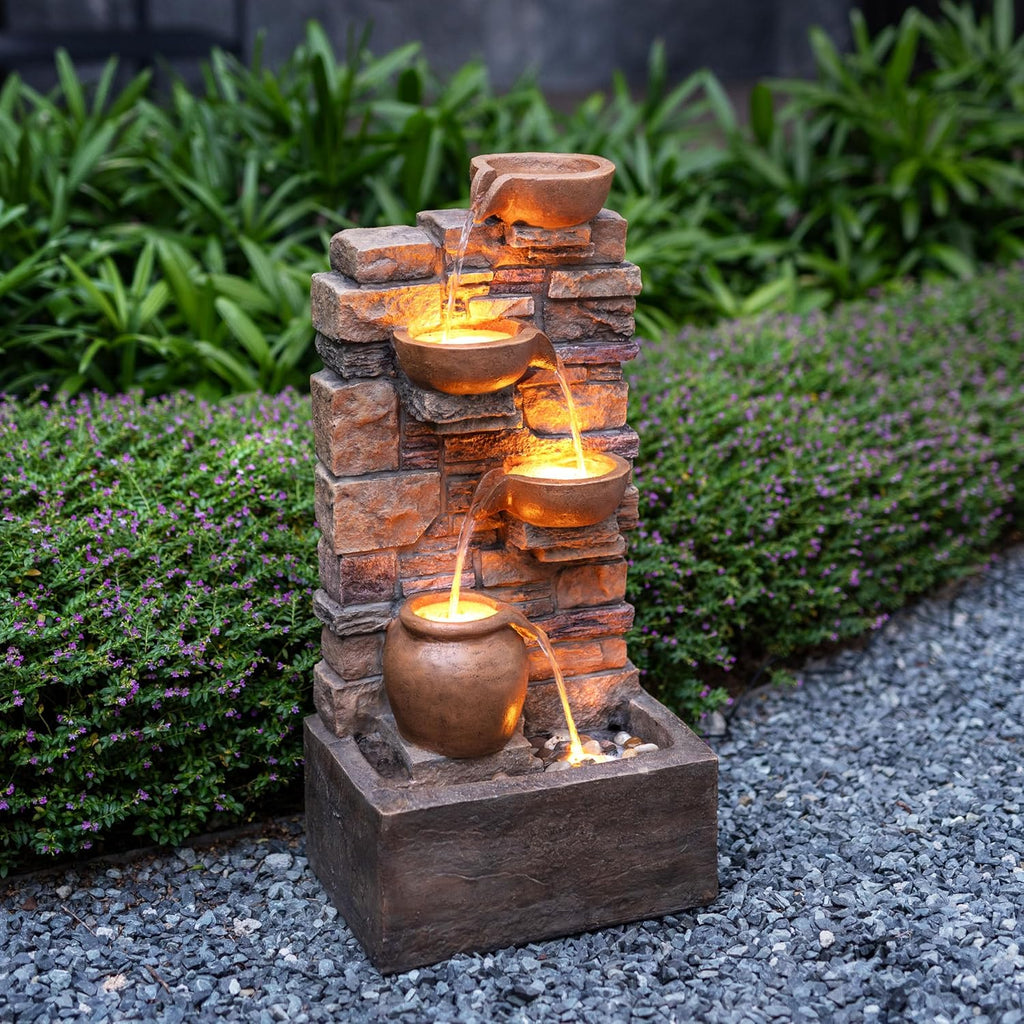 28.5" Outdoor 4-Tier Stacked Stone Cascading Water Fountain with LED Lights, Brown