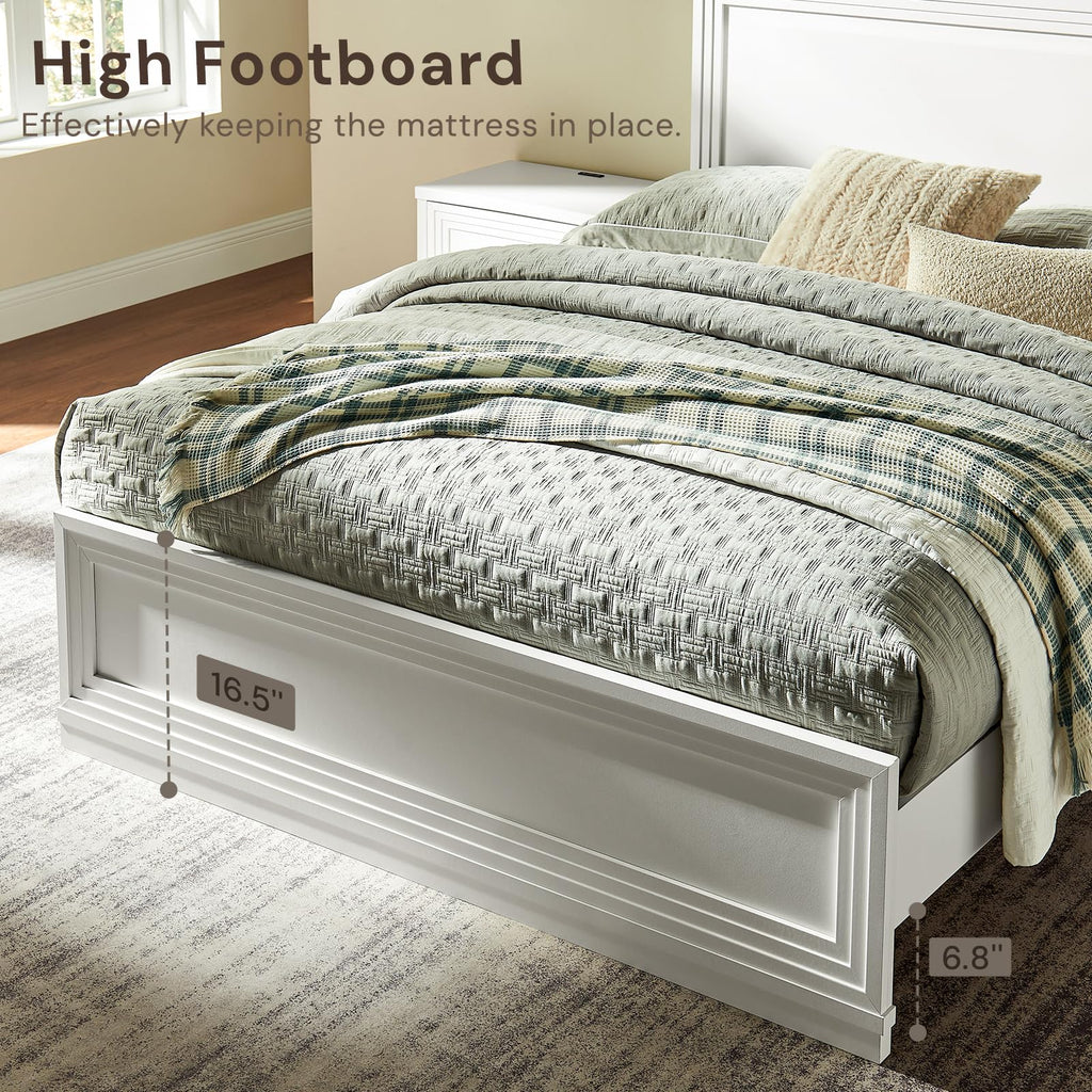 Bed Frame with LED Headboard, White Wood Platform Bed with Picture Frame Panel Headboard and Footboard, Modern