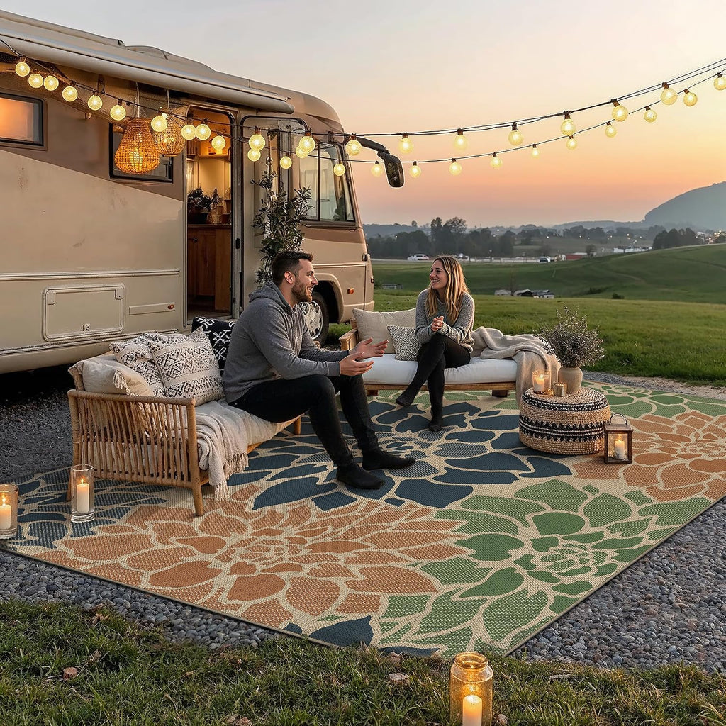 Navy Orange Easy Jute Outdoor Rug Floral Farmhouse Carpet