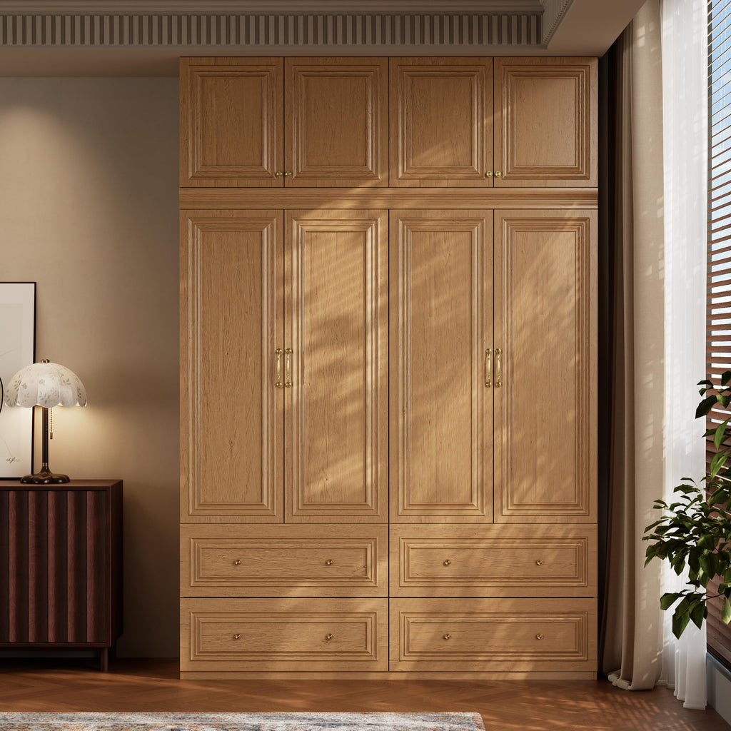 Rustic Wardrobe Closet with 4 Door, Big Armoire Wardrobe Closet with Hanging Rod/4 Drawer, Tall/Heavy Closet