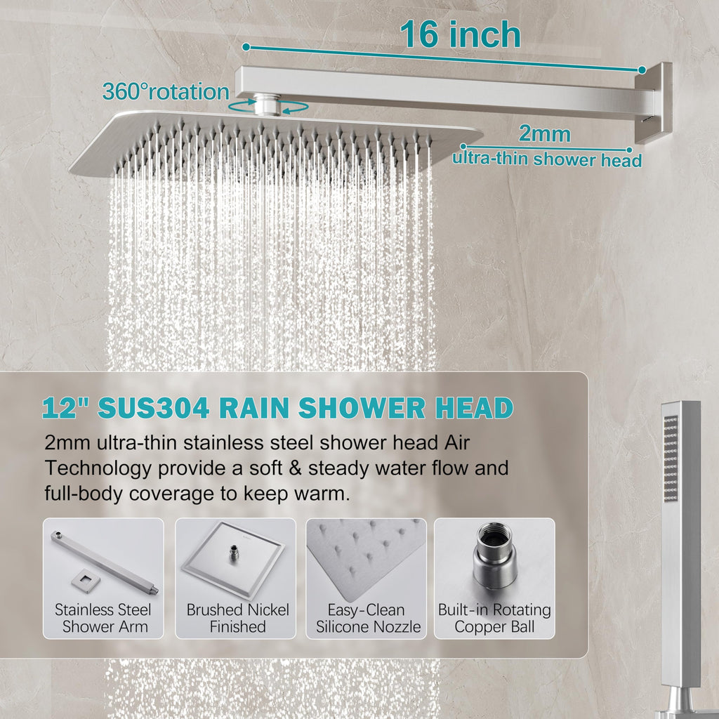 12" Rain Shower System with Handheld & Valve, Brushed Nickel