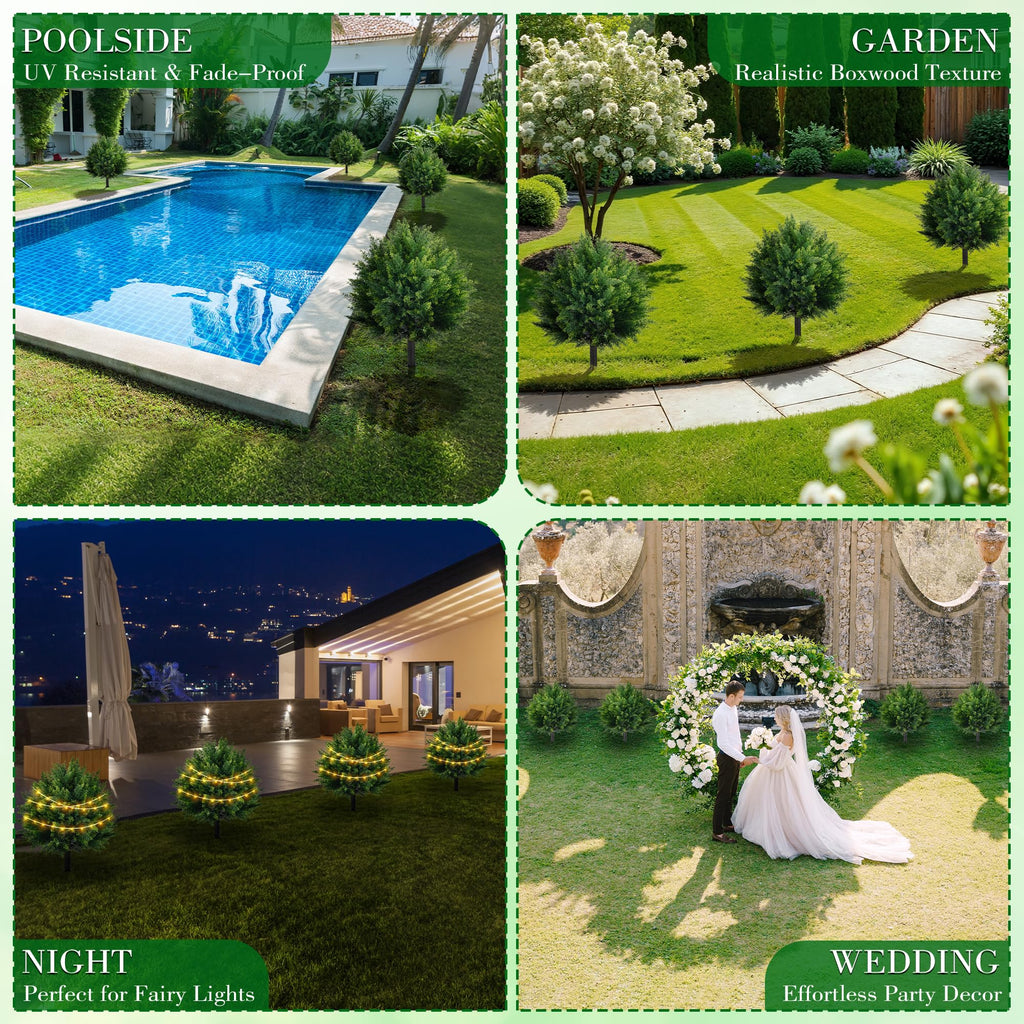 27.6'' Artificial Cedar Topiary Ball Trees (2 Pack), UV Resistant Faux Evergreen Shrubs with Ground Spikes, Realistic