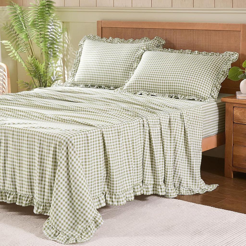 Queen Sheet Set, Lightweight Super Soft Brushed Microfiber Plaid Bed Sheets with 16" Deep Pocket, 4 Piece