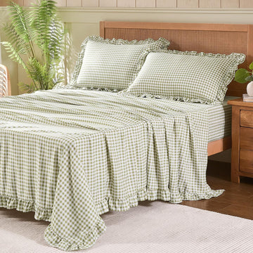 Queen Sheet Set, Lightweight Super Soft Brushed Microfiber Plaid Bed Sheets with 16" Deep Pocket, 4 Piece