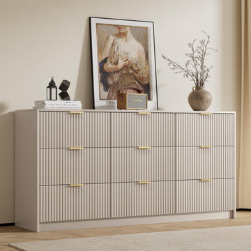 Beige 9 Drawer Dresser, 63" Wide Fluted Wood Dresser