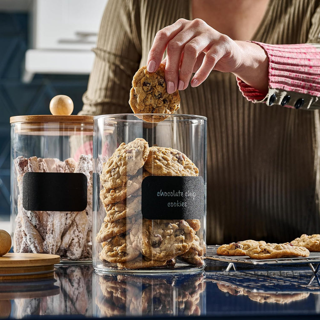 Glass Canisters Counter with Airtight Bamboo Lids + Marker & Labels - 68oz. Large Cookie Jars Wooden Lid - Set of 2