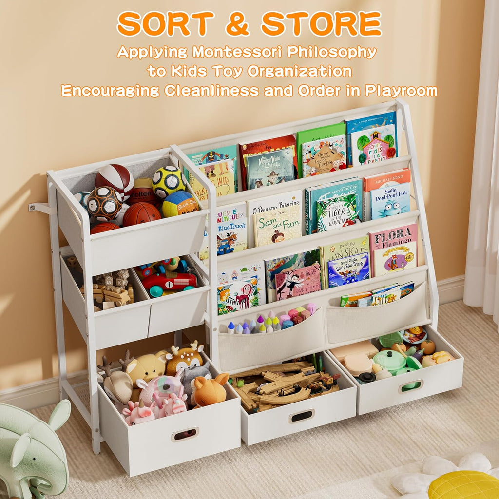 Kids Bookshelf and Toy Storage with 6 Toy Bins - Book Shelf for Kids Rooms | Toddler Bookshelves Baby Bookcase