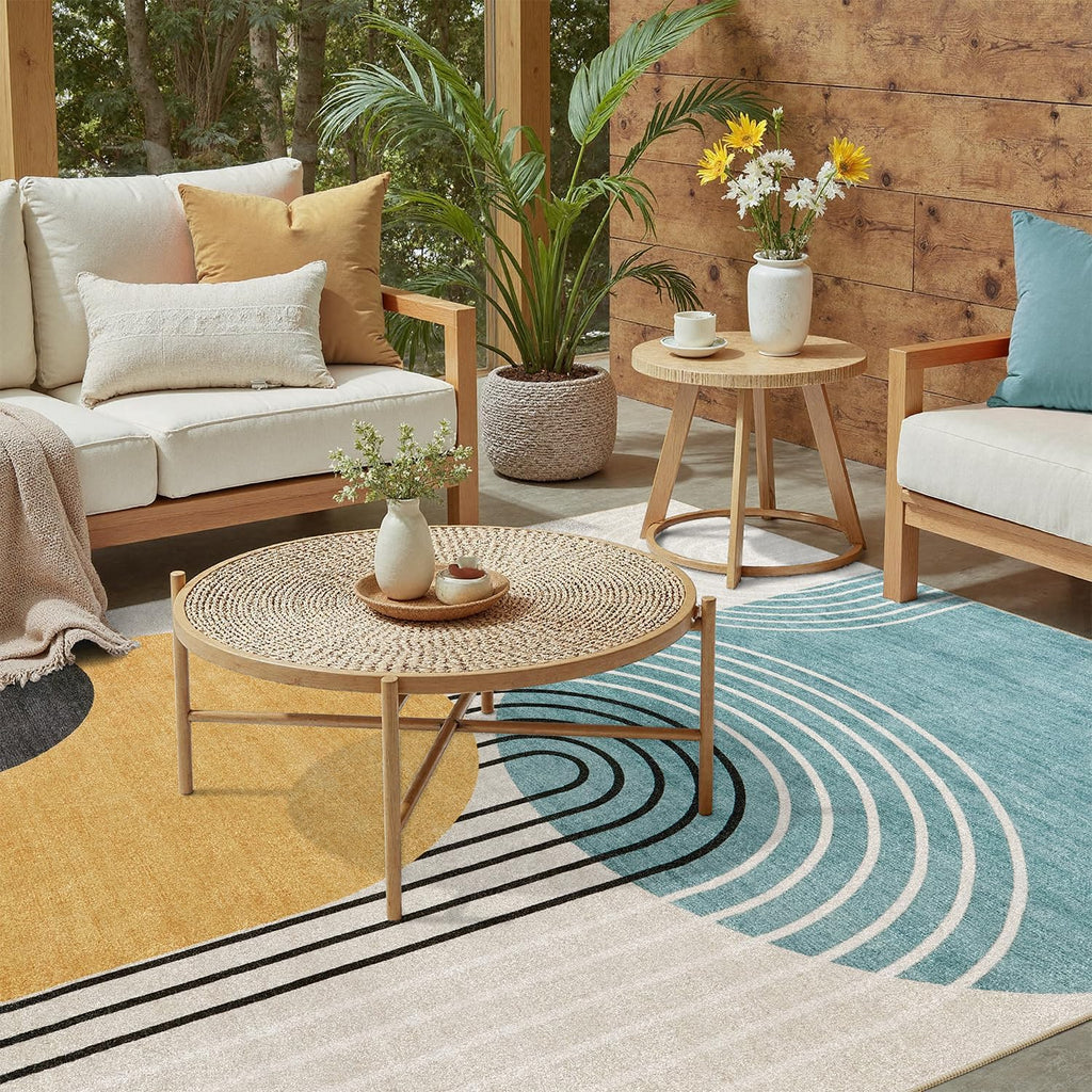 Abstract Machine Washable 5x7 Rug, Mid Century Modern Rug for Living Room, Soft Low Pile Non Slip Carpet, Kid & Pet