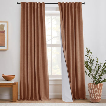 Solid Terracotta Color Linen Blackout Curtains 96 Inch Long, Vintage Country & Retro Mid Century Modern Drapes for