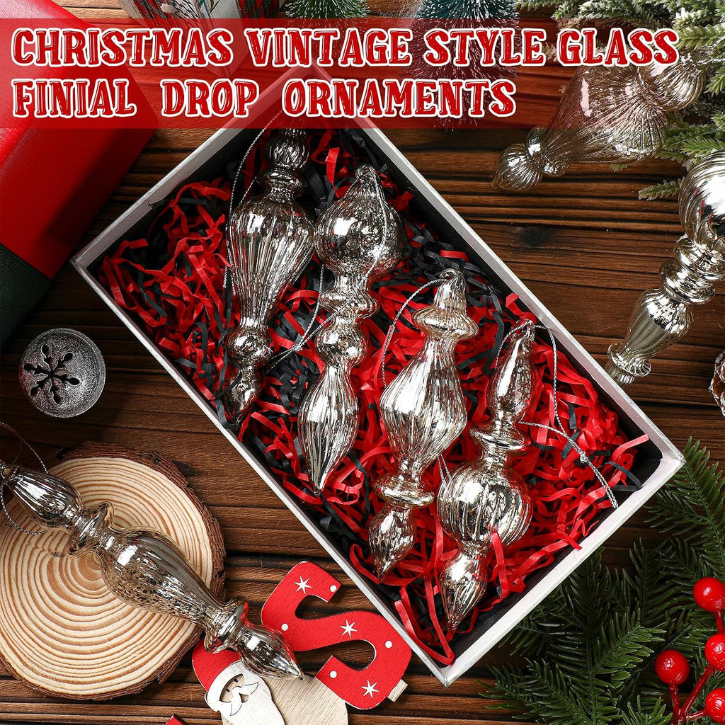 Inch Mercury Glass Finial Christmas Ornaments, Silver - Set of 8