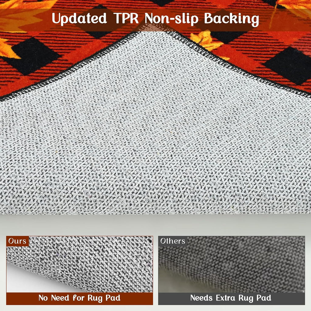 Fall Rug Area Rugs Non Slip Washable Rug Soft Faux Wool Large Rugs Maple Leaves Throw Rugs Vintage Buffalo Plaid