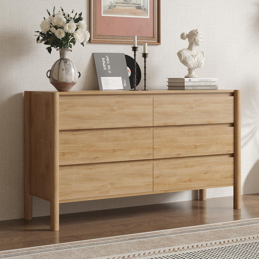 47.2" Wide Oak 6 Drawer Dresser with Solid Wood Legs