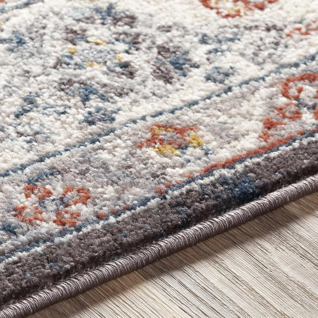 Blue Medallion Traditional Cream Area Rug Taupe Charcoal Gray Navy Haymond Living Room Bedroom Dining Room Home