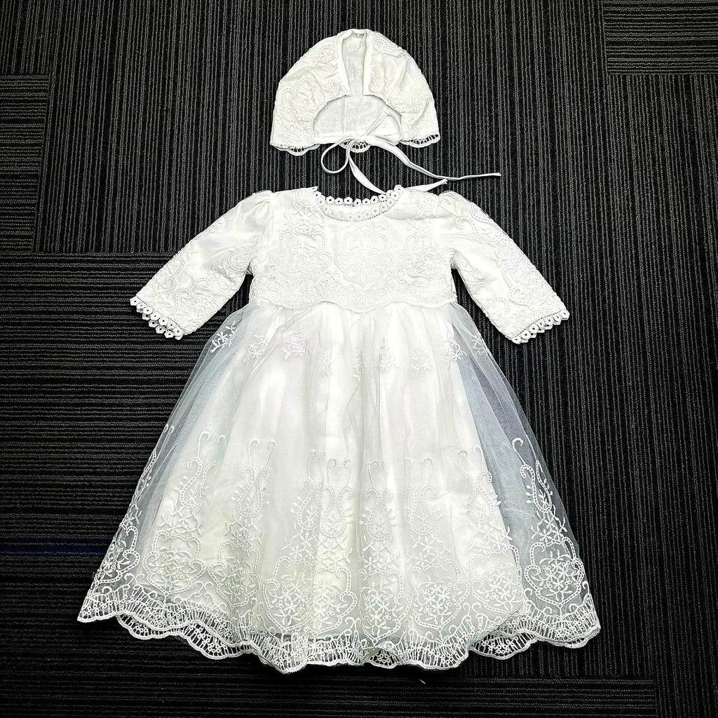 Baby Girls Long Sleeve Christening Dress Classic Embroidered Baptism Tulle Dress