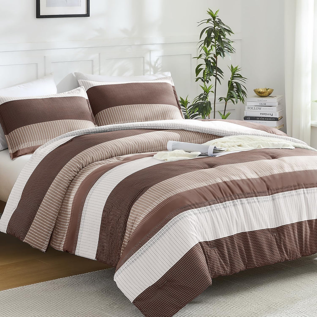 Brown Comforter Set - 3 Pieces Stripe Bed Set
