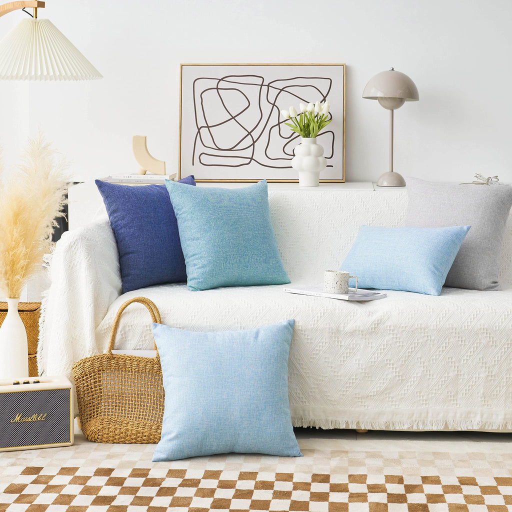 Set of 2 Farmhouse Pilloe Covers 22x22 Blue Lined Linen Euro Pillow Covers 55x55 cm 22 inch, Light Blue