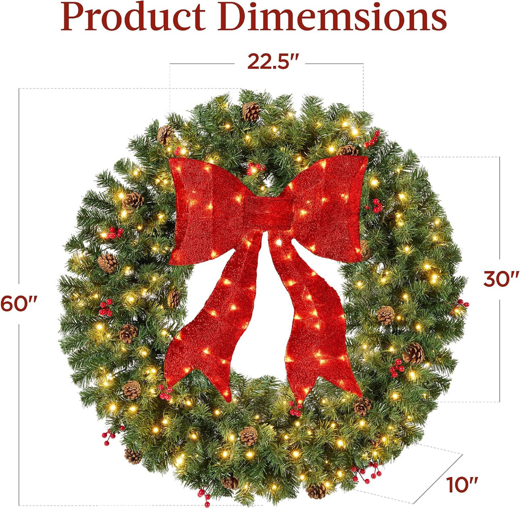 60in Pre-Lit Christmas Wreath w/Berries & Pinecones, Large Artificial Indoor/Outdoor Decor for Door, Mantel w/Red