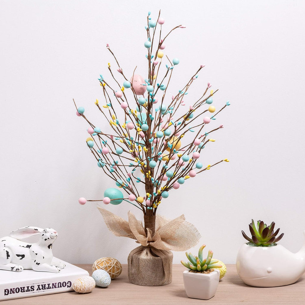 18"H Easter Eggs Table Tree with Burlap Base, Decorative Tree Table Centerpiece for Great Festival Easter Party Home