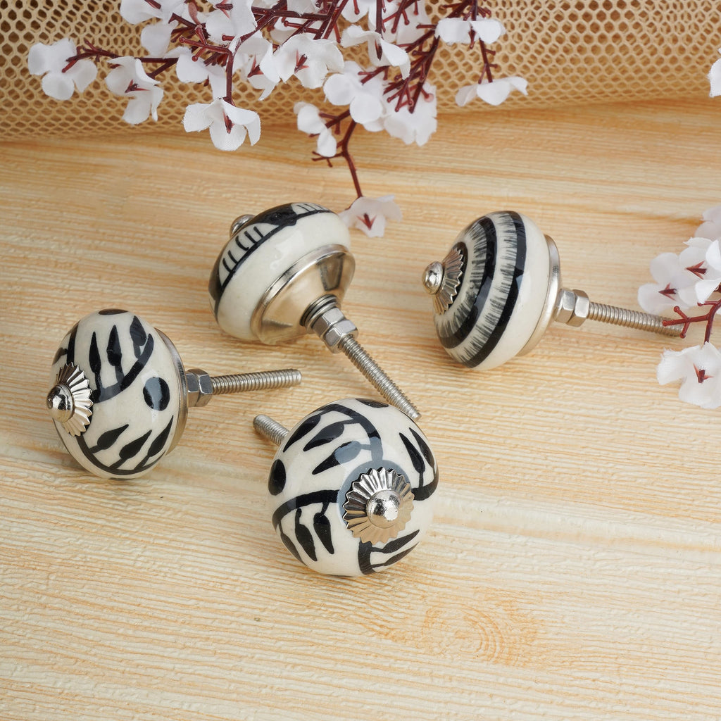 Ceramic Cabinet Knobs Set 12 Black White Hand Painted Floral Handles