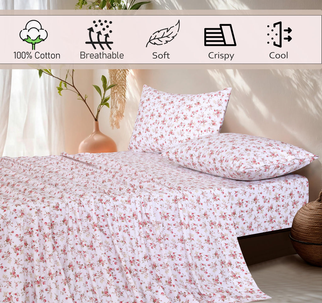 100% Cotton Percale King Sheets, King Size Sheets Set, Bouquet
