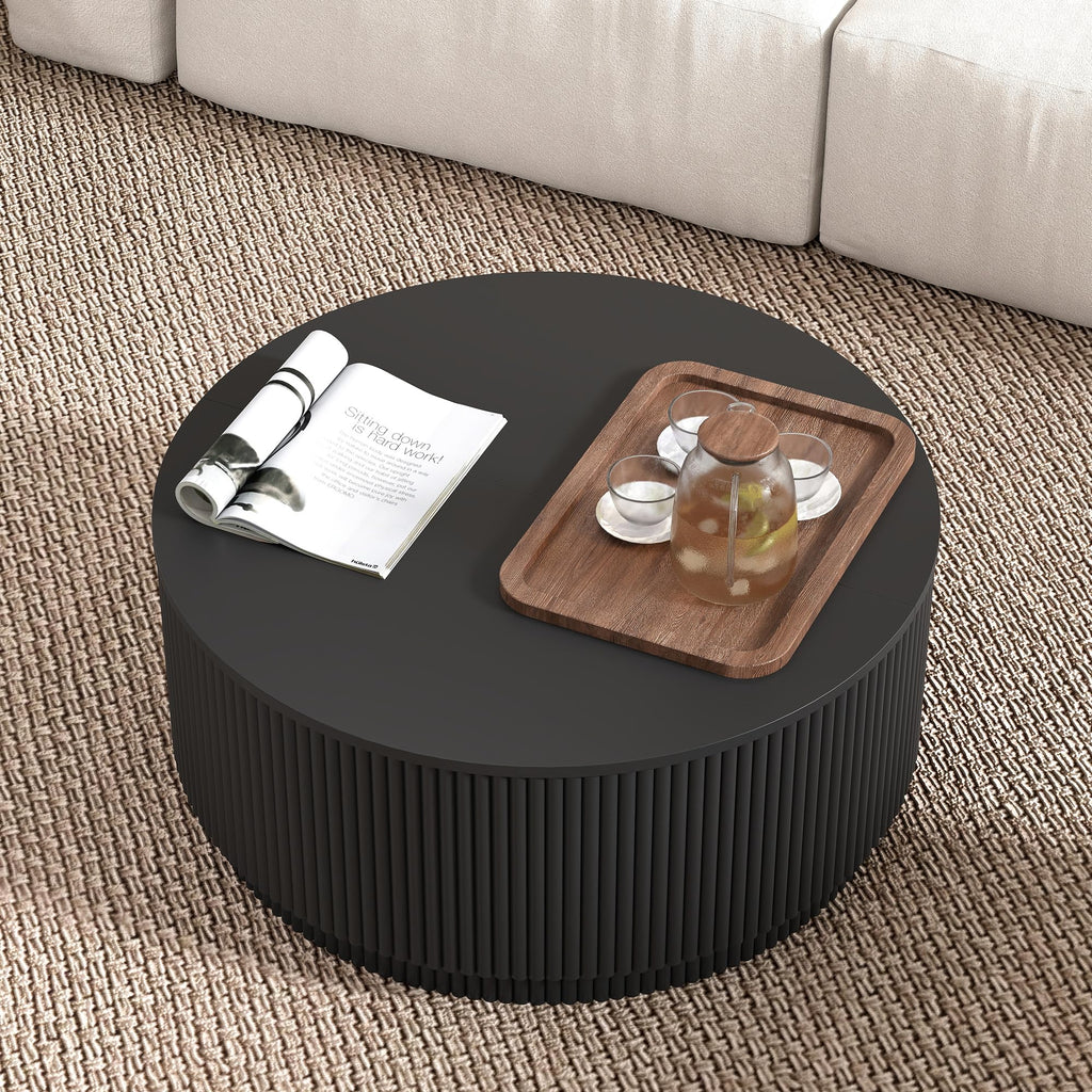 31.5" Round with Storage, Modern Accent Coffee Tables with Fluted Base, Wooden Circle Center Table Small Space