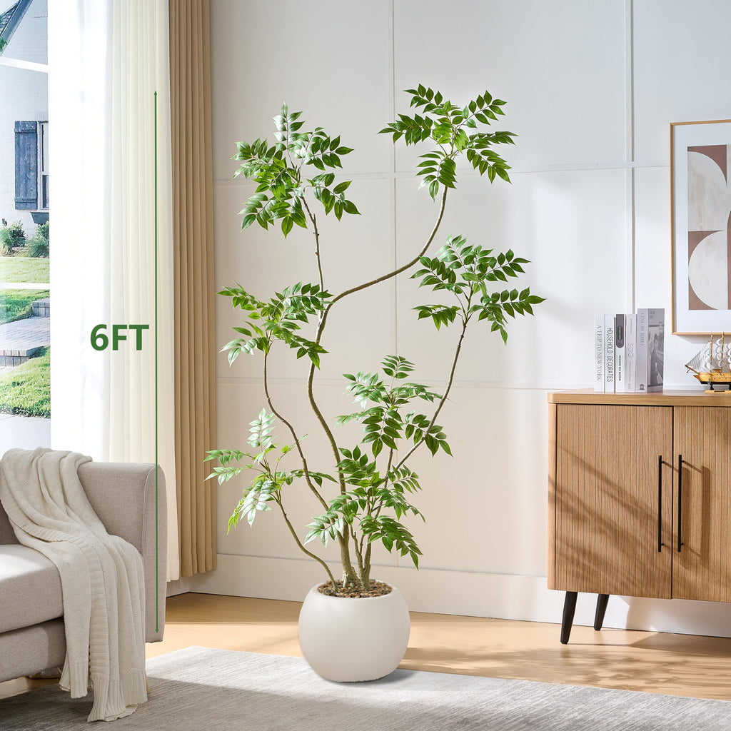 Artificial Mahonia Tree 6FT, Faux Indoor Tree with White Planter