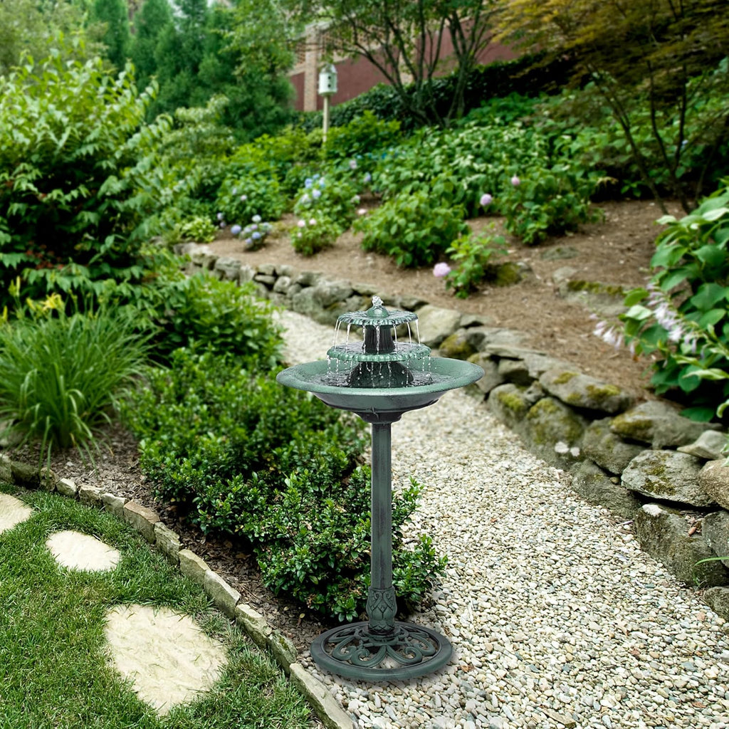 35" Tall 3-Tier Outdoor Pedestal Water Fountain - Durable Resin Cascading Water Feature and Birdbath, Green