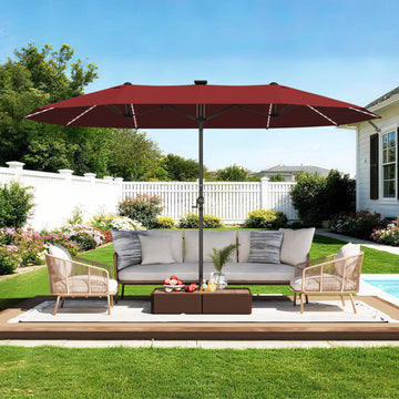 15ft Rectangular Patio Umbrella with Solar LED Lights, Double-Sided Outdoor Market Umbrella Extra Large Shade for