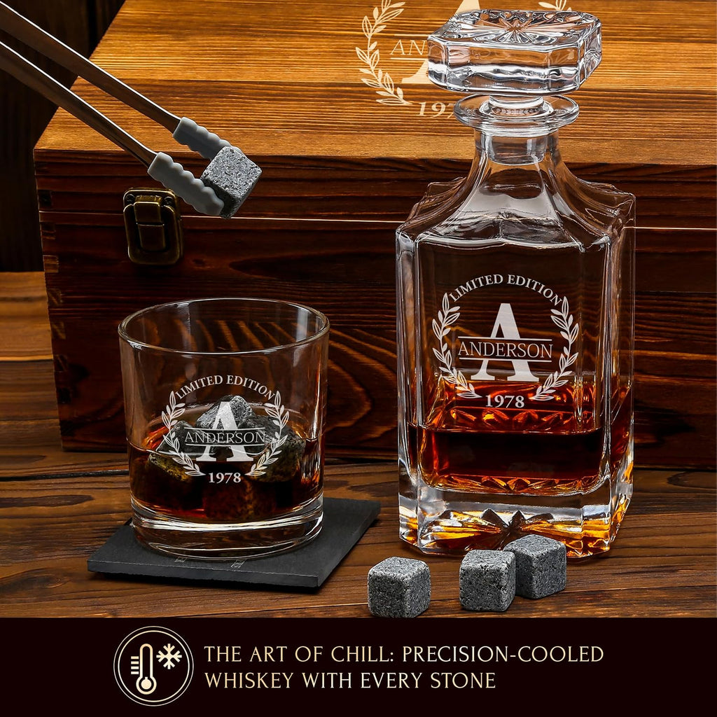 Personalized Old Fashioned Whiskey Decanter and Stones Set - Set of 18