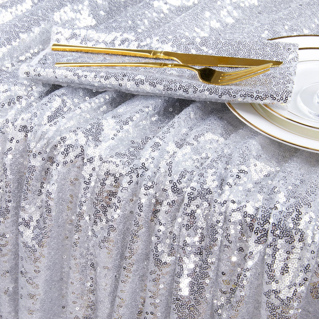Sequin Tablecloth 60x102 Inch Silver Glitter Wedding Fabric for 6ft Table