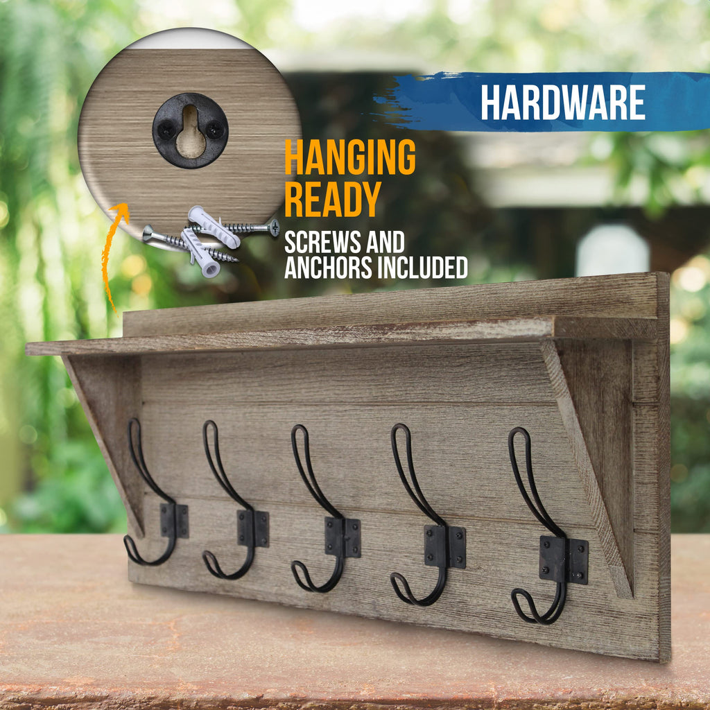 Rustic Wall Mounted Coat Rack with Shelf - Solid Wood 24" Entryway Shelf with 5 Coat Hangers. Perfect Touch for Your