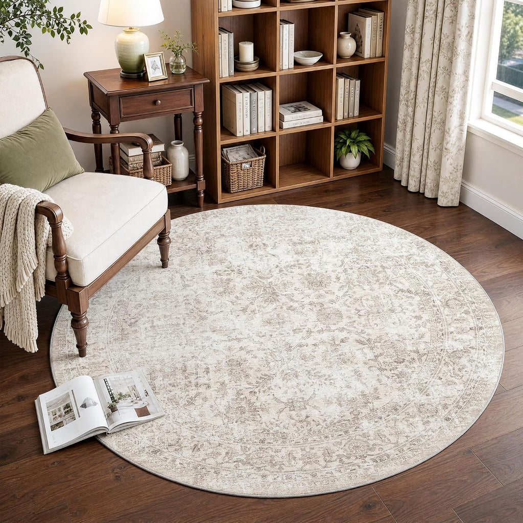 5ft Round Washable Beige Neutral Vintage Area Rug