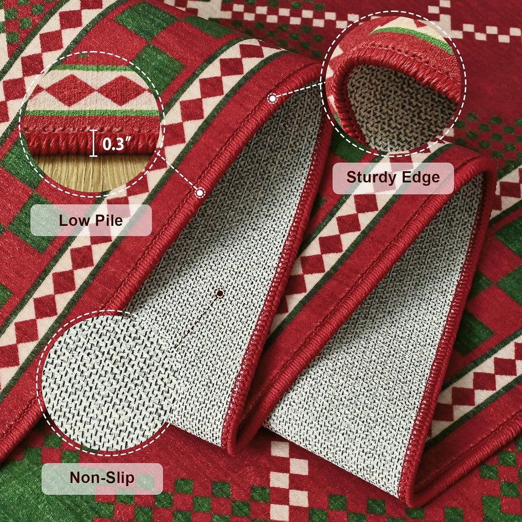 Christmas Runner Rug, Red Green Checkered Rugs with Low Plie Non-Slip Backing, Washable Stain-Resistant Plaid