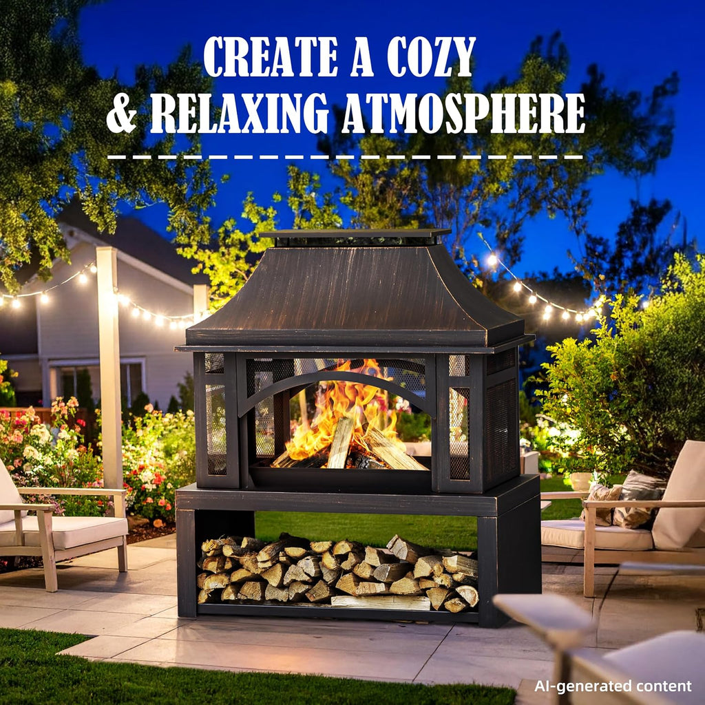 39" Fire Pits with Wood Storage for Outside, Large Wood Burning Outdoor Fireplace with Chimney