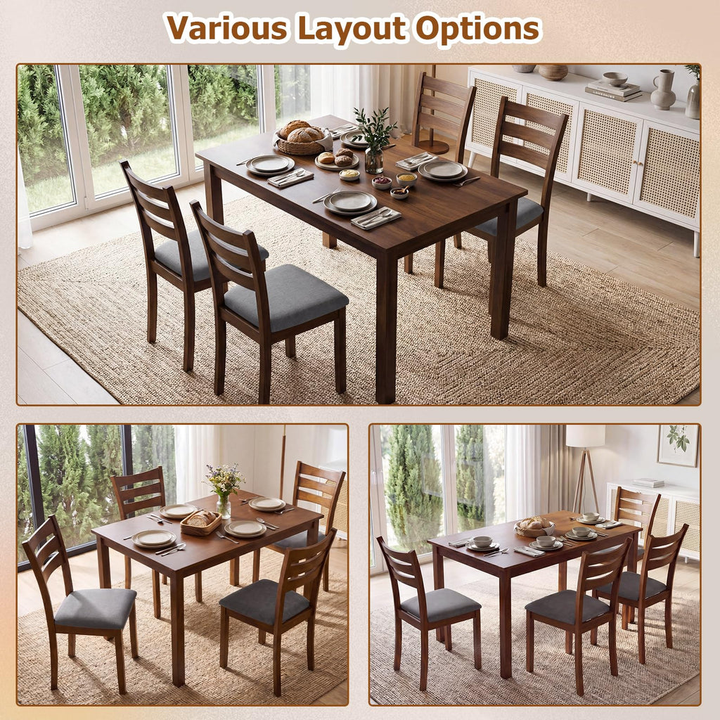 Dining Table Set for 4, Rectangular Kitchen Table Set w/ 4 Upholstered Chairs & Solid Rubber Wood Frame, Space-Saving