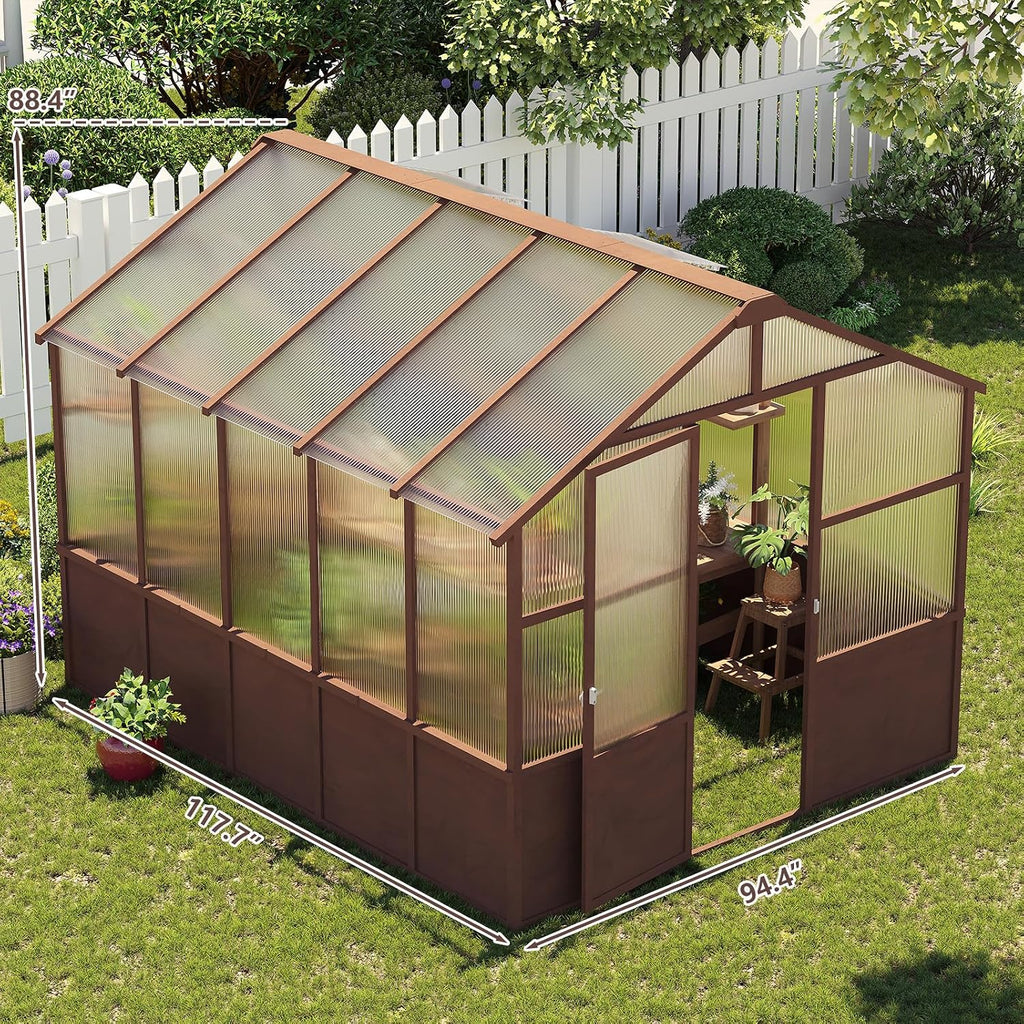 8x10 FT Outdoor Wooden Walk-in Greenhouse, Heavy Duty Pine Wood Green House with 6MM Thick Polycarbonate Panels