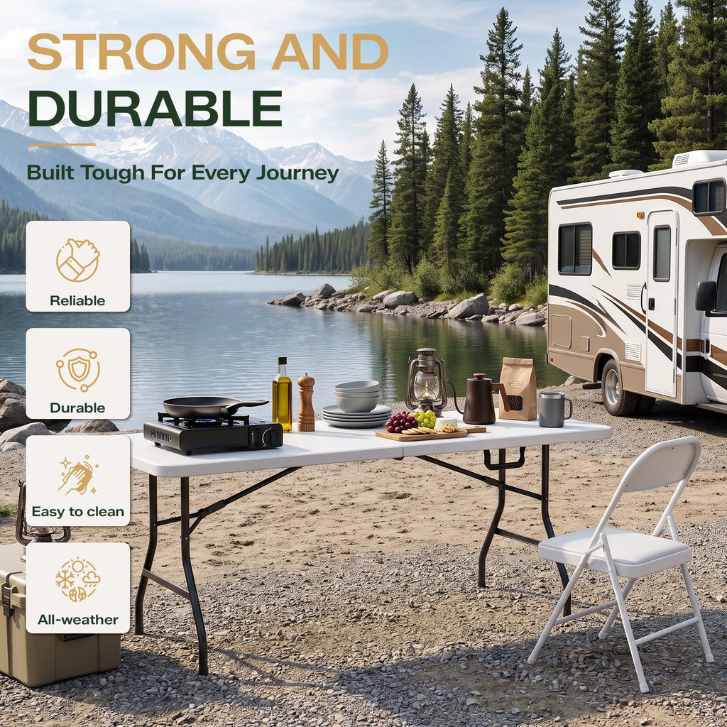 6FT Folding Table, Heavy Duty Plastic Fold-in-Half Utility Table with Handle, Portable Camping Picnic Table with