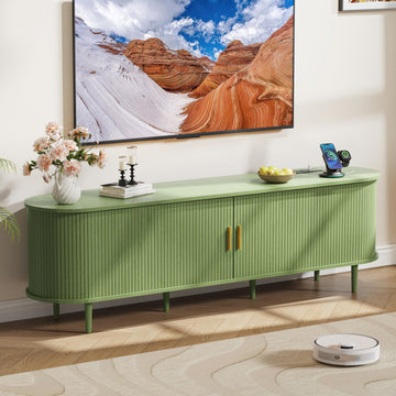 70.8 Inch Mid Century Modern TV Stand with Power Outlet for TVs up to 80 Inch, Entertainment Center with Storage and