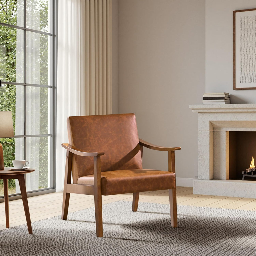 Accent Chairs, Mid-Century Faux Leather Armchairs, Light Brown