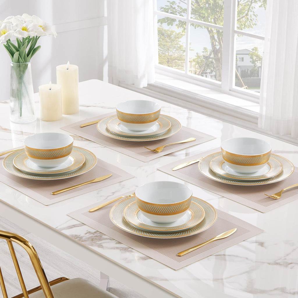 Porcelain Dinnerware Set with Real Gold Trim (Geometric Pattern,Service for 4)