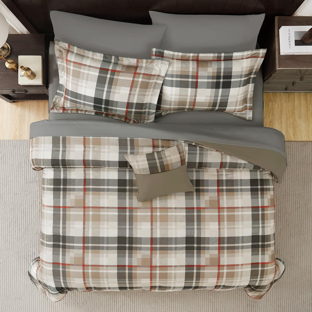 Plaid Comforter Set Khaki 7 Pieces Farmhouse Bed in a Bag