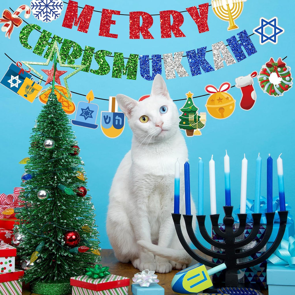 Merry Chrismukkah Banner Christmas and Hanukkah Decor Pre-Strung Hanukkah Chrismukkah Decorations Glitter Mixed - Set of 16