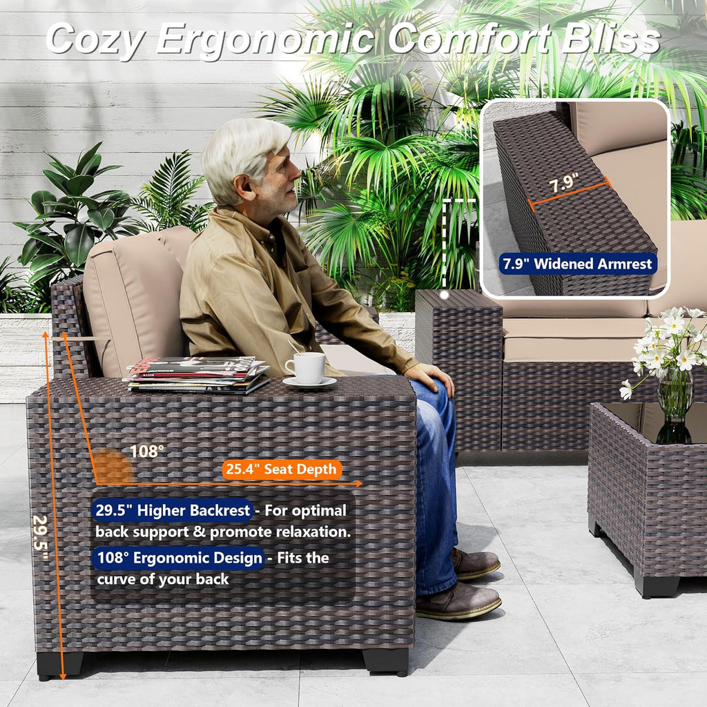 Outdoor Patio Furniture Set, 6 Pieces Outdoor Sectional Furniture High Backrest Patio Sofa, All-Weather PE Rattan