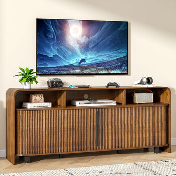 Walnut TV Stand for 65 70 75 Inch TV, Fluted Mid Century Modern TV Console with Sliding Doors, 63 Inch Entertainment