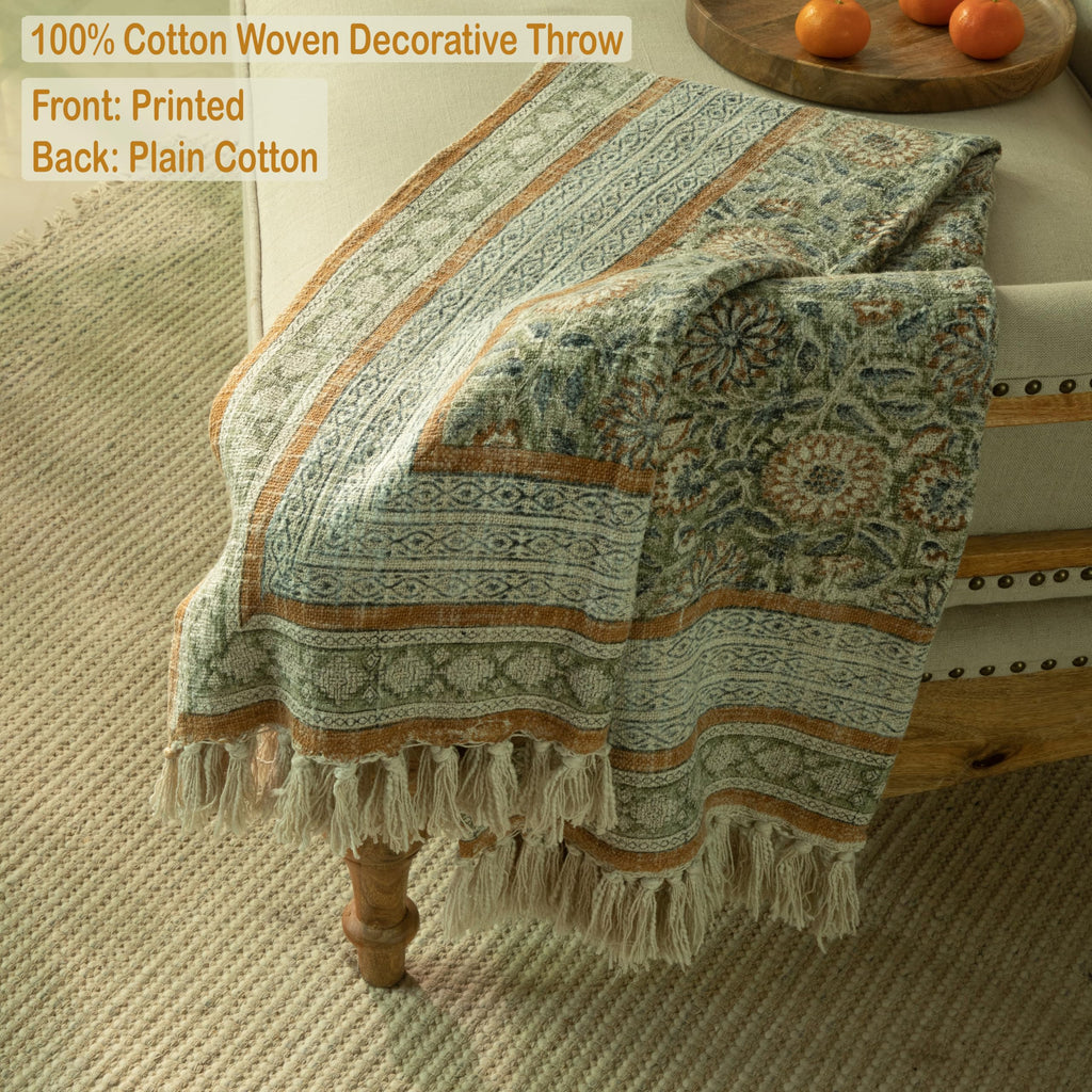 100% Pure Cotton Woven Breathable Handblock One Side Printed Throw Blanket, 50" x 60" Fringed Floral Print Decorative